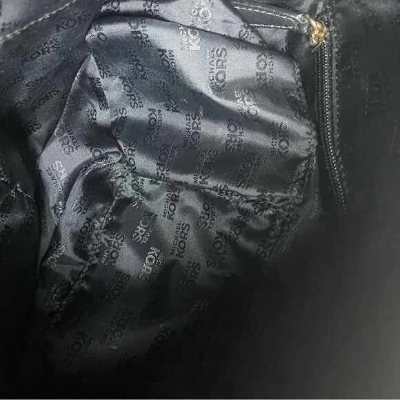 Michael Kors Black Fabric Signature Monogram medium tote gold tone chain straps - Picture 14 of 16